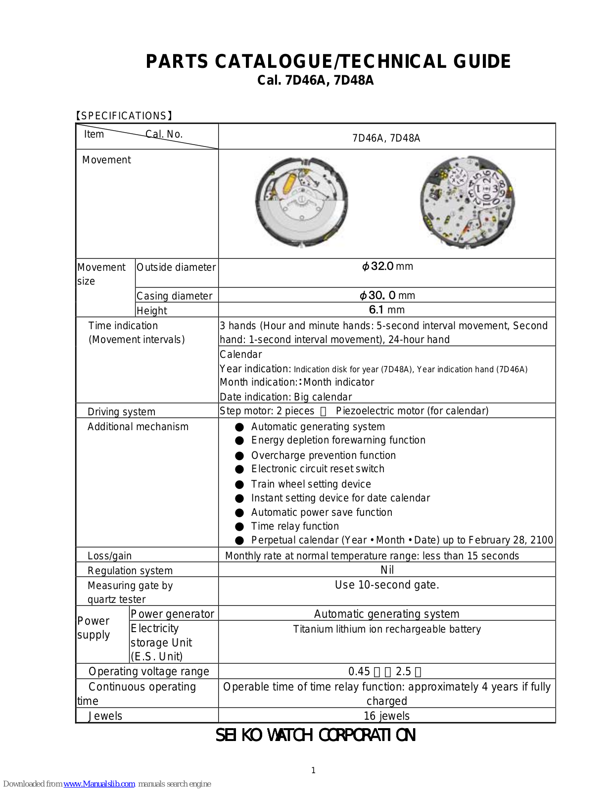 Seiko 7d46A,7D48A Technical Manual