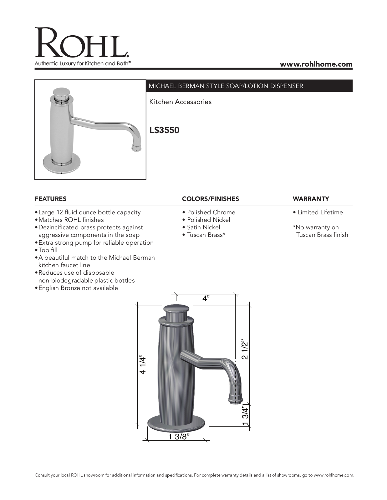 Rohl LS3550MB, LS3550SG Specifications