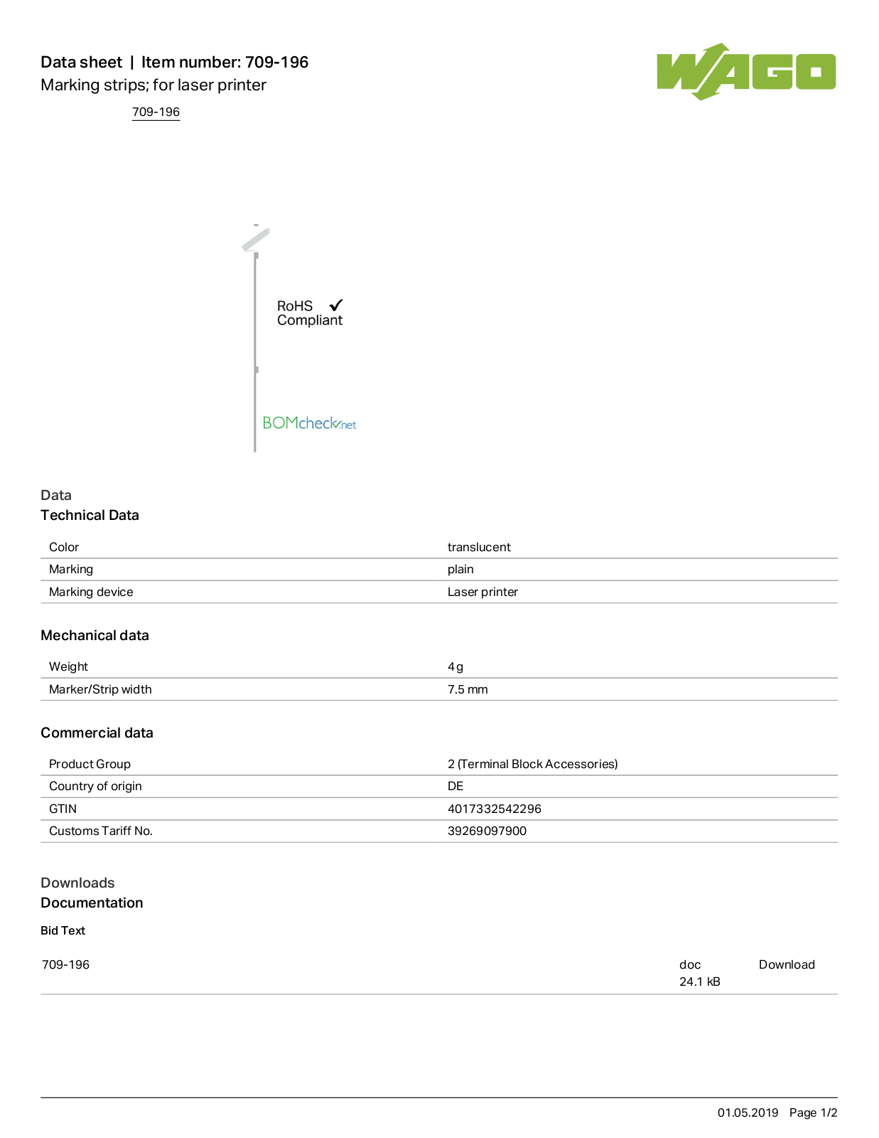 Wago 709-196 Data Sheet