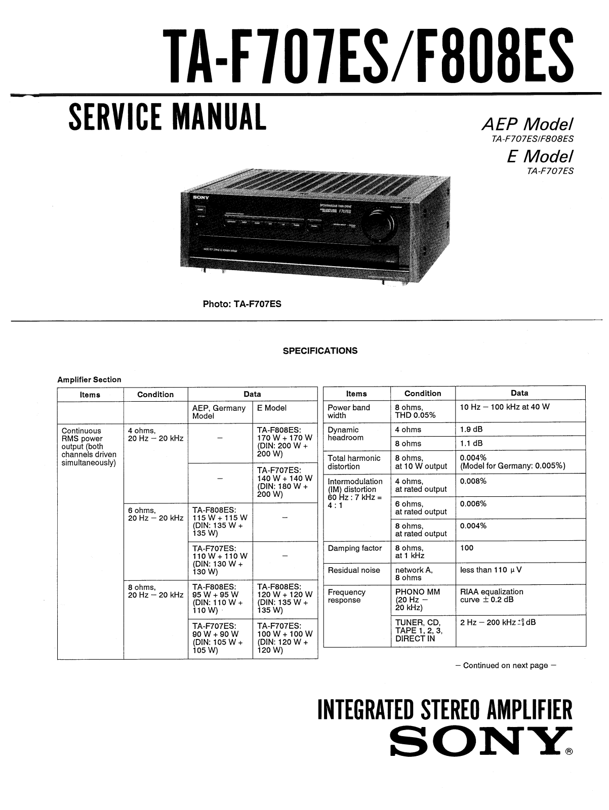 Sony TAF-707-ES, TAF-808-ES Service manual