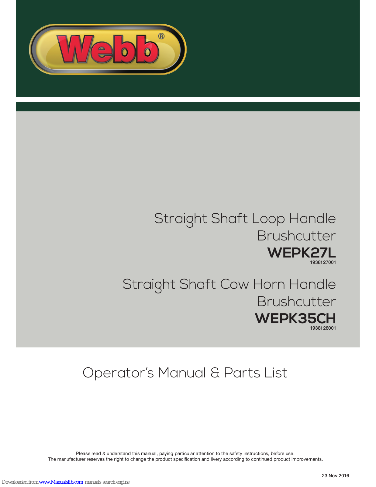 Webb WEPK27L, WEPK35CH Operators Manual & Parts Lists