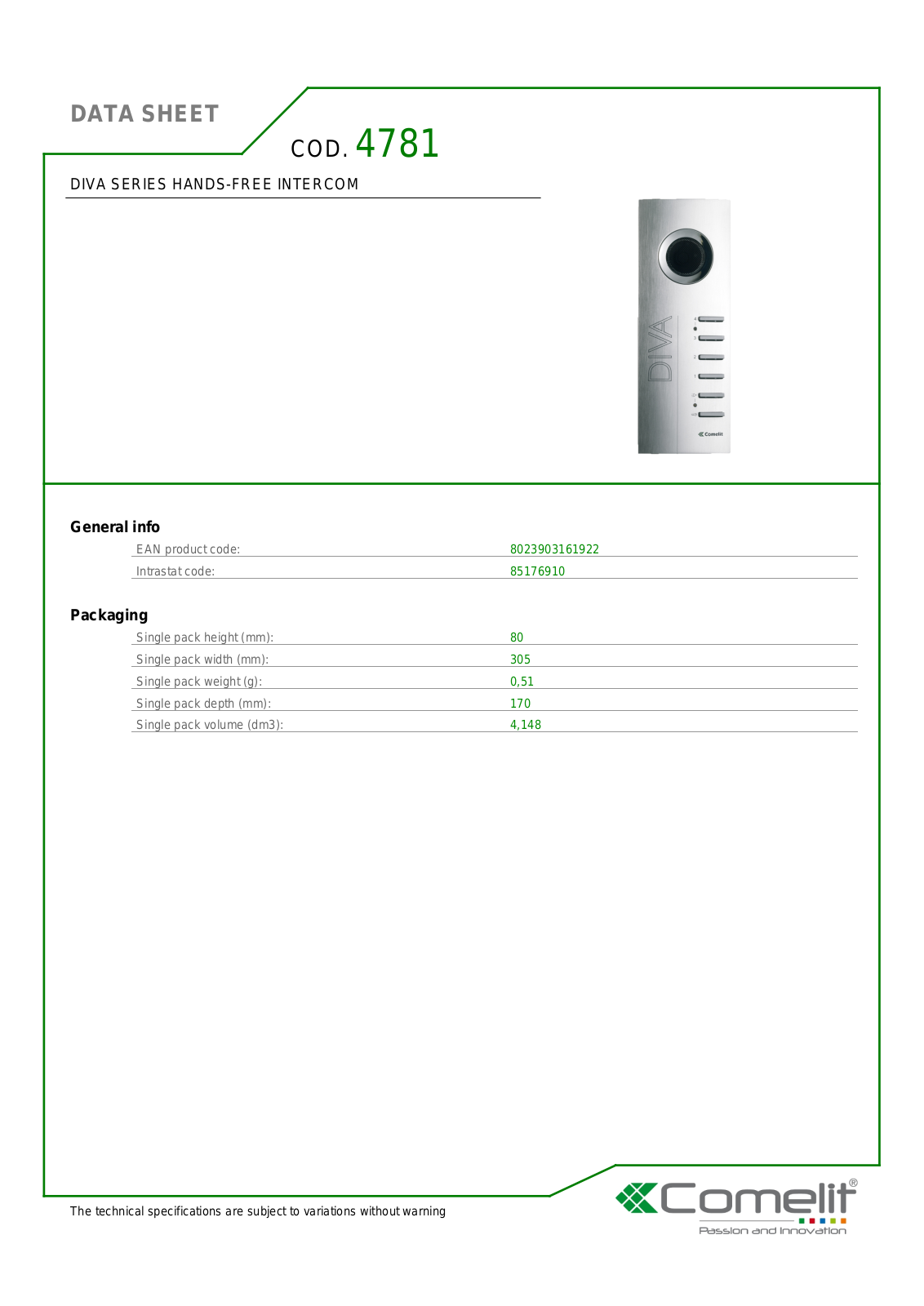 Comelit 4781 Specsheet