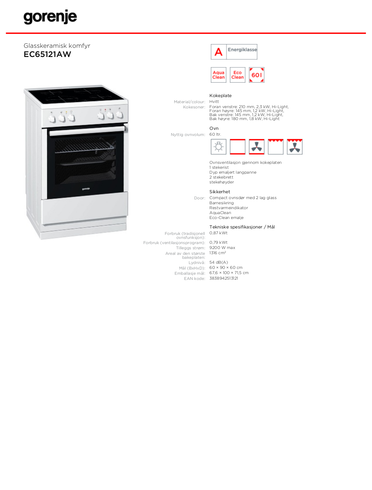 Gorenje EC65121AW DATASHEET