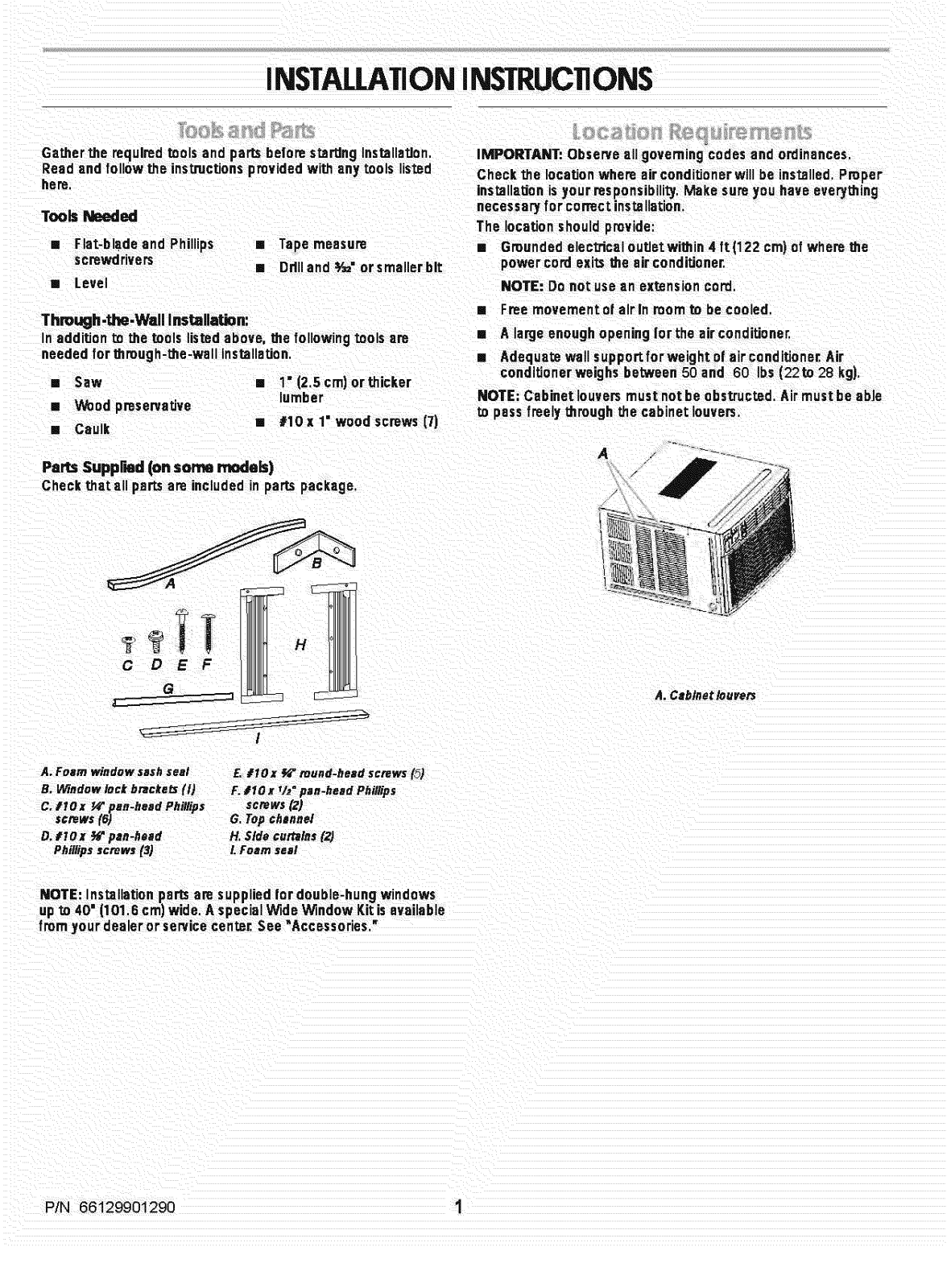 Frigidaire FAQ055S7A11, FAQ055S7A12, FAQ055S7A13, FAQ085S7A11, FAQ085S7A12 Installation Guide