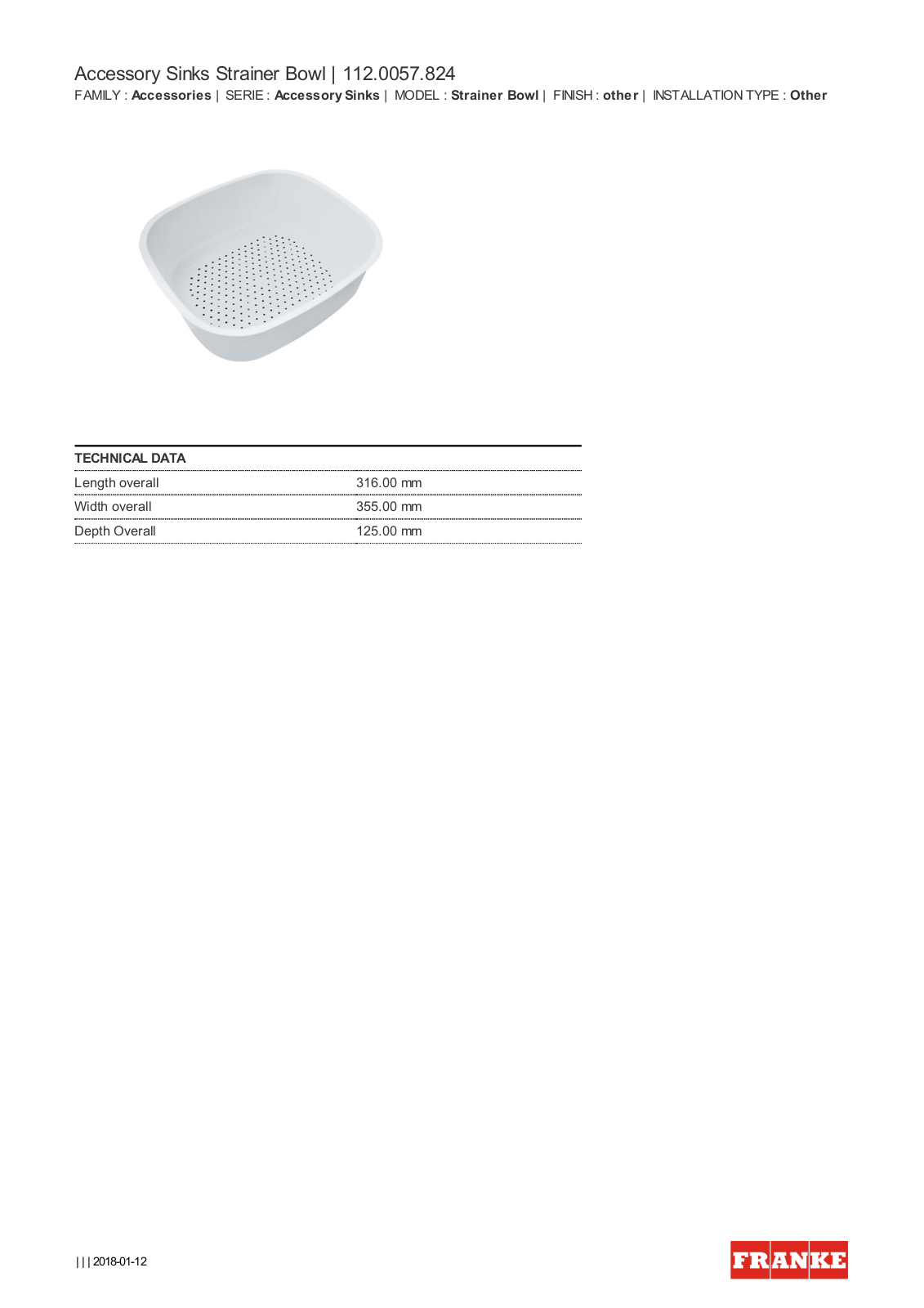 Franke SB824 Specifications Sheet