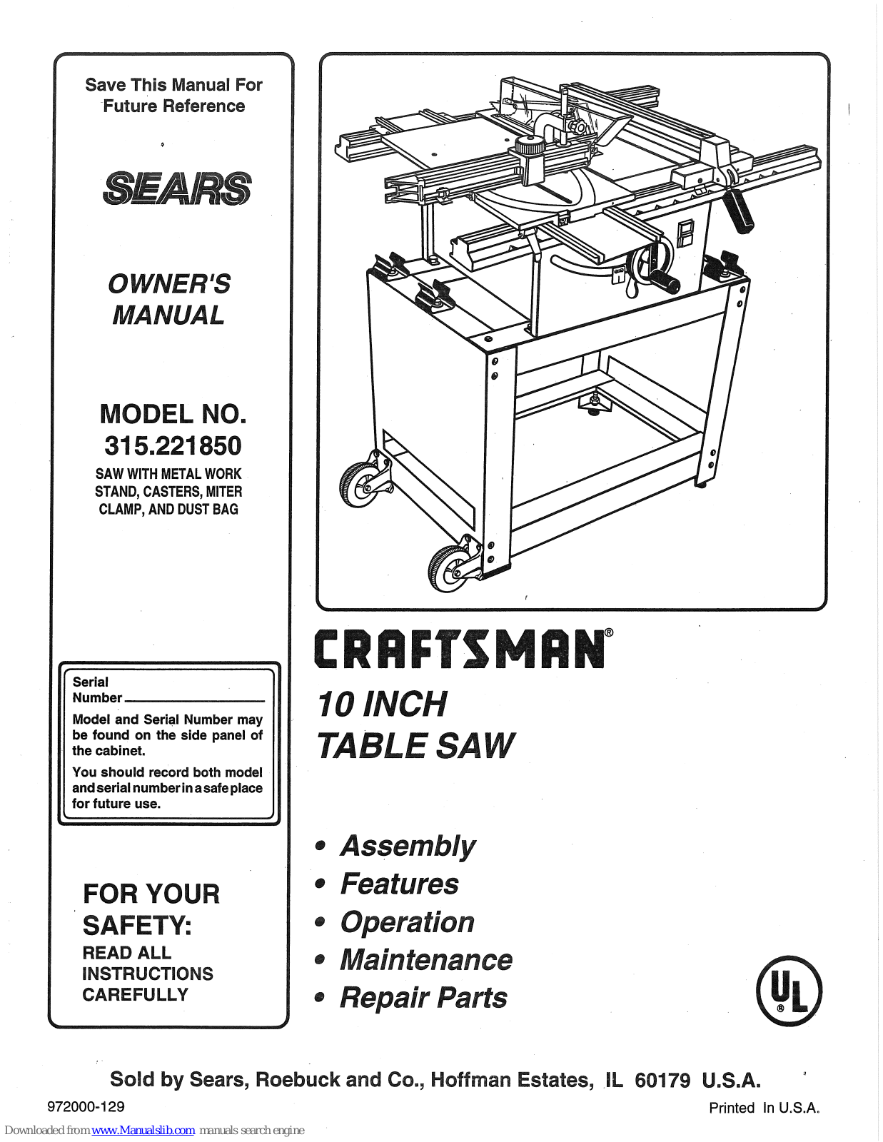 Craftsman 315.221850 Owner's Manual