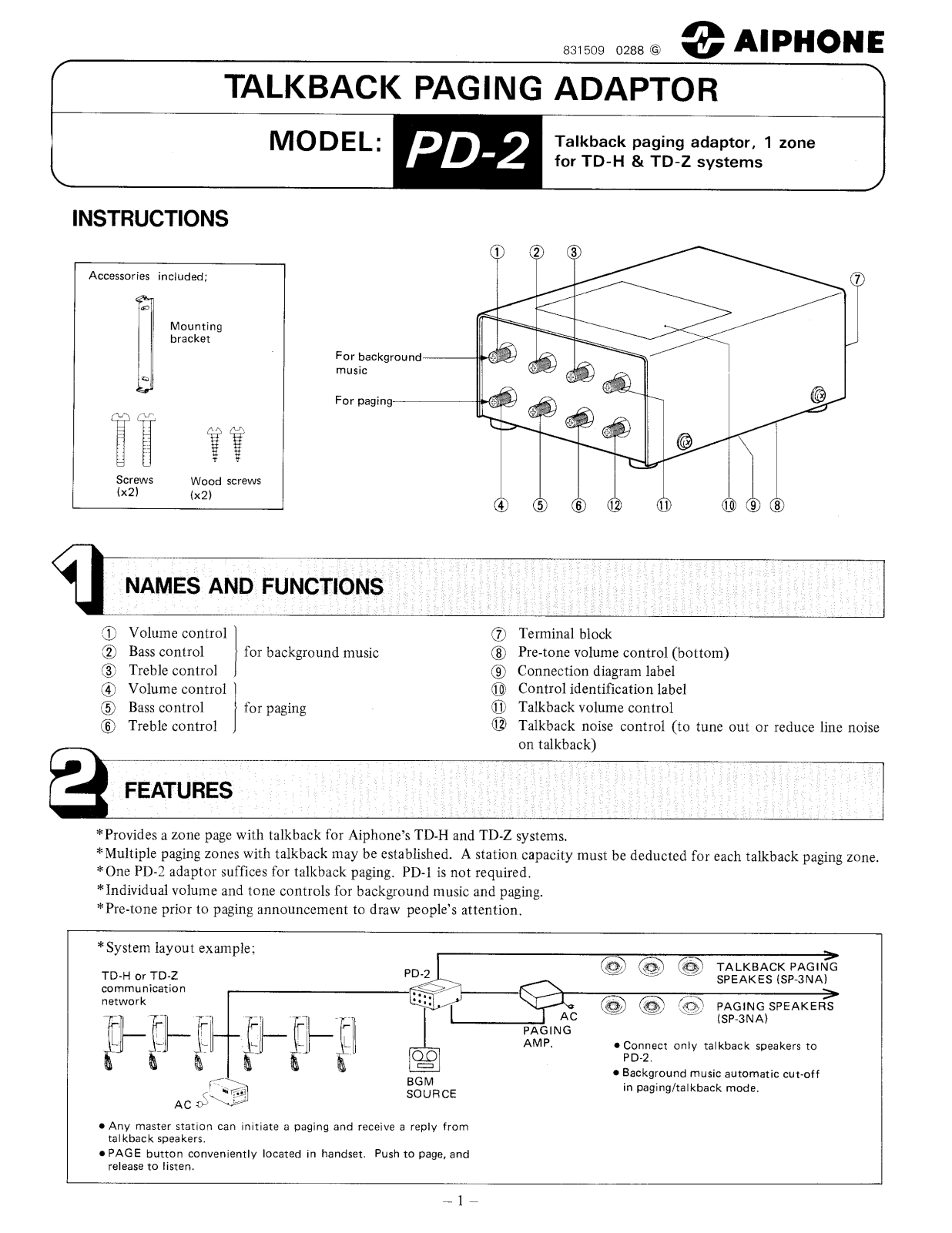 Aiphone PD-2 User Manual