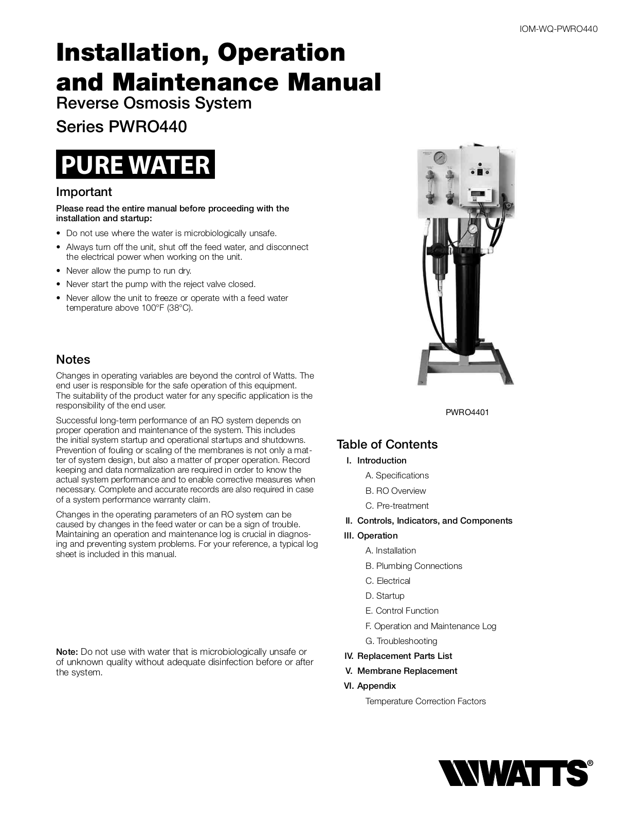 Watts PWRO440 User Manual