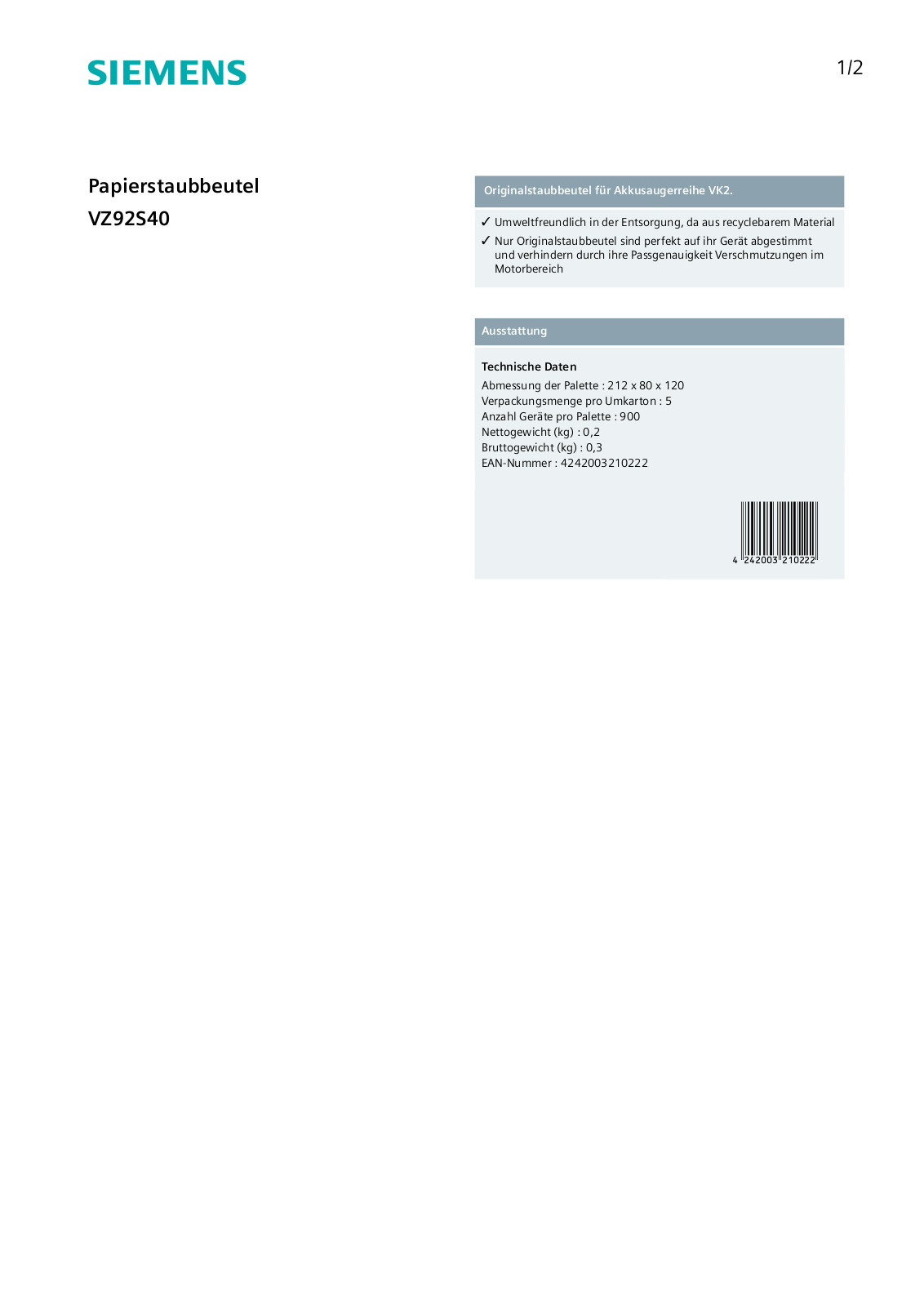 Siemens VZ92S40 User Manual