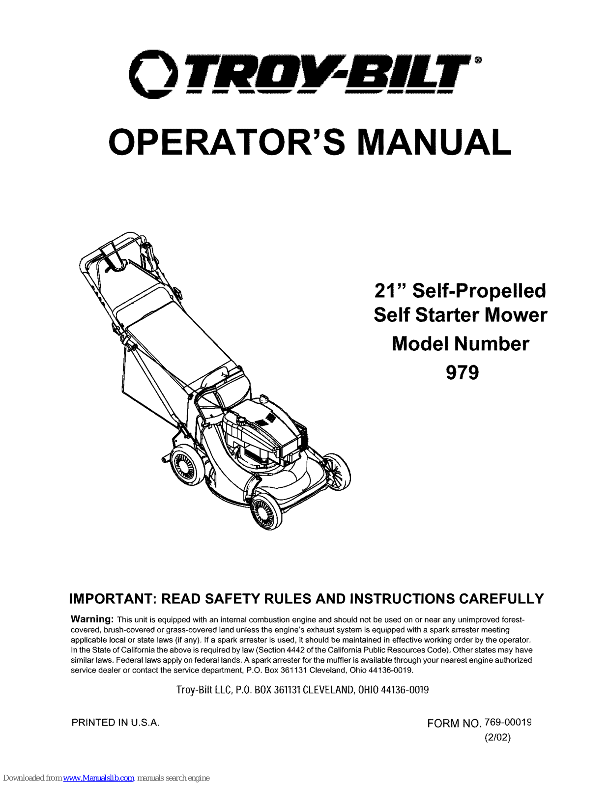 Troy-Bilt 979 Operator's Manual - ManualMachine.com