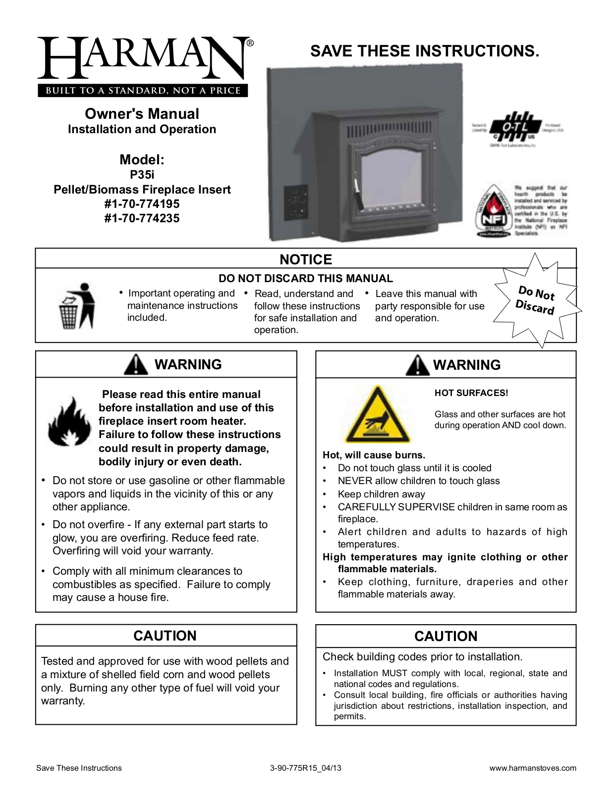 Harman Stove Company P35I User Manual