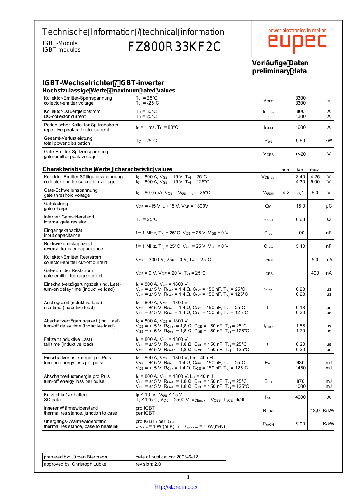 Infineon FZ800R33KF2C-B3 Data Sheet