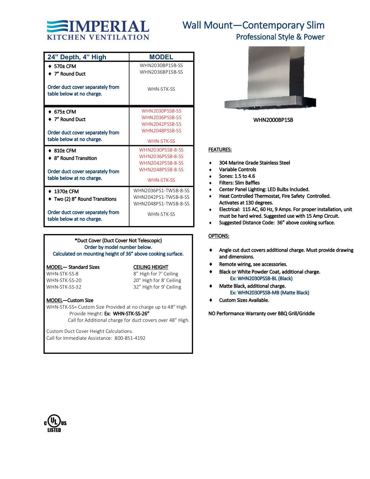 Imperial WHN2036PSSB8SS, WHN2048PSSBSS Specifications