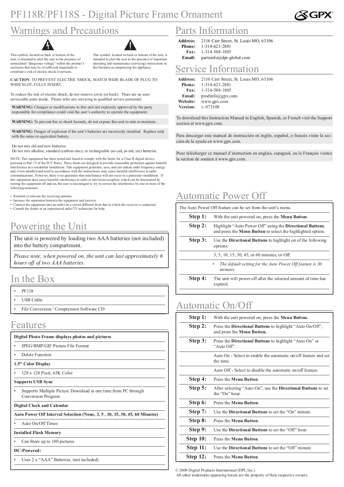 GPX PF118R, PF118S User Manual