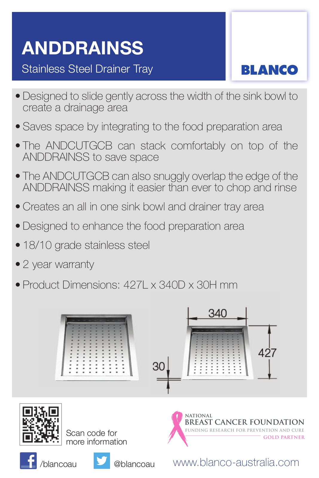 Blanco ANDDRAINSS Specifications Sheet