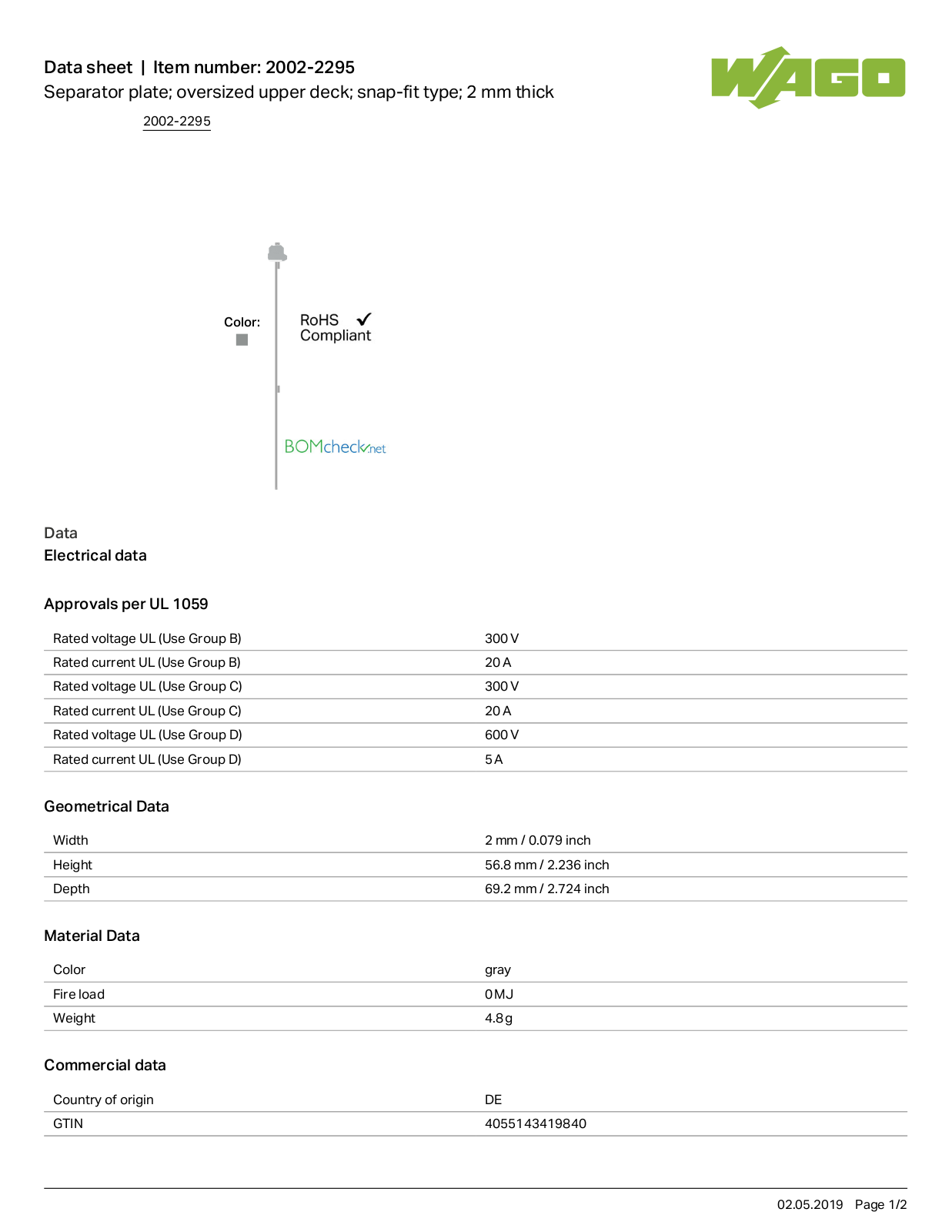 Wago 2002-2295 Data Sheet