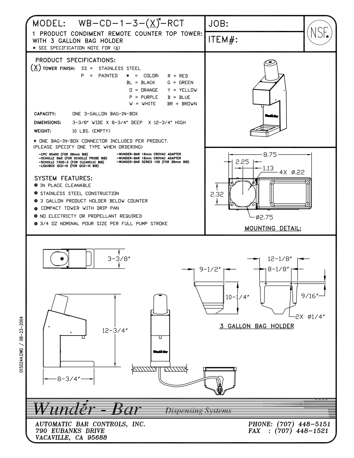 Wunder Bar WB-CD-1-3-P-RCT, WB-CD-1-3-X-RCT User Manual