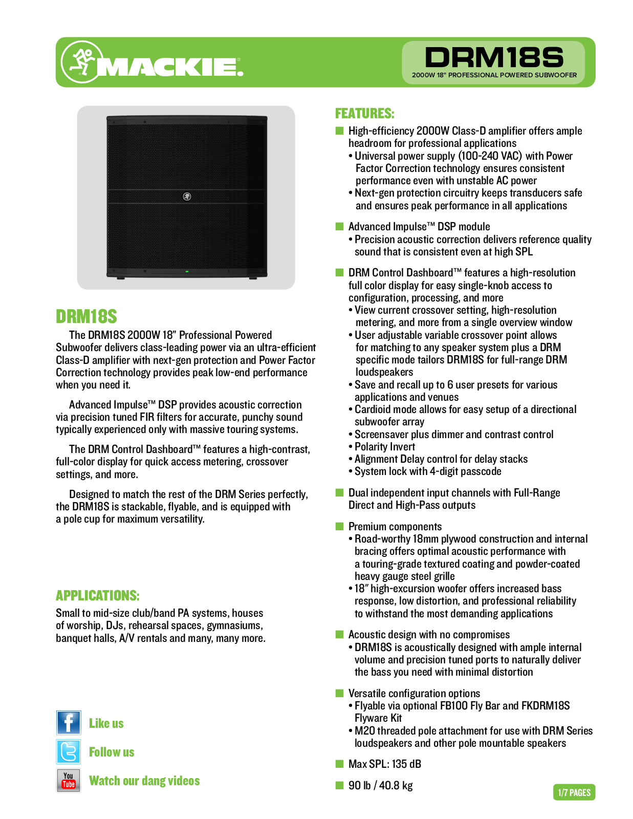 Mackie DRM18S Data Sheet