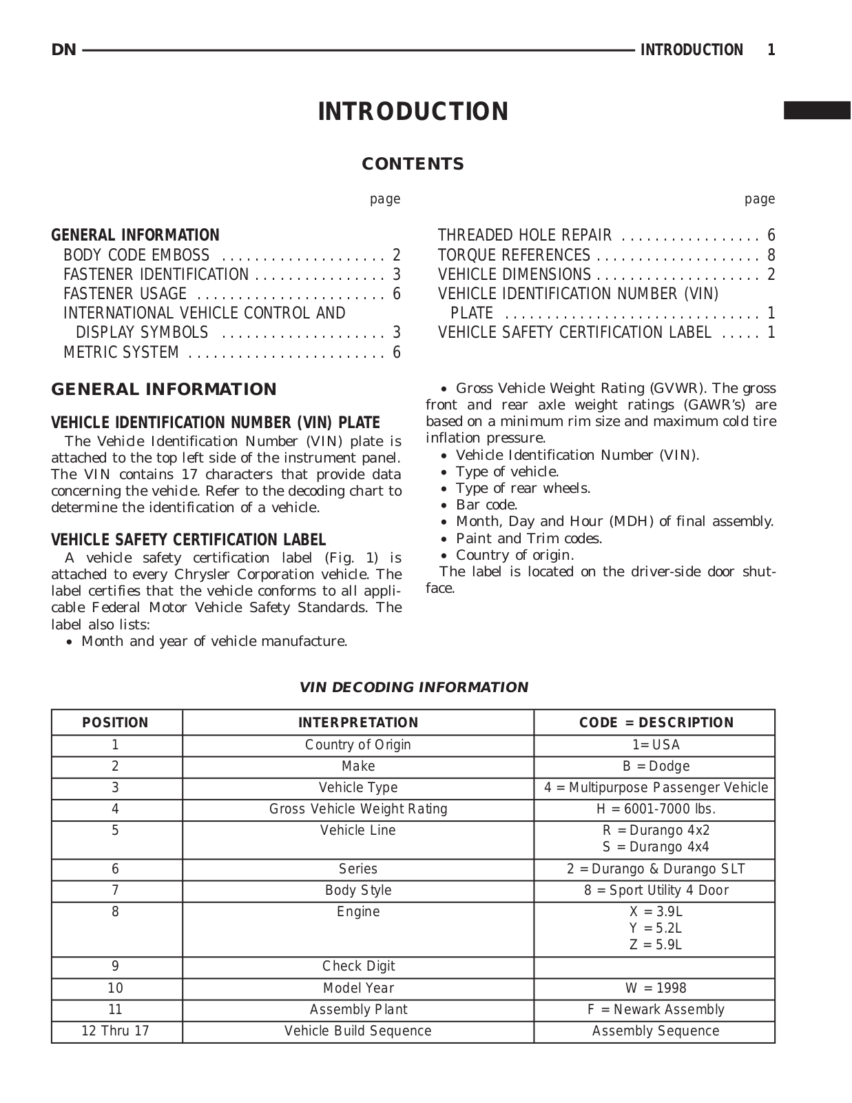 Dodge Durango 1998 User Manual