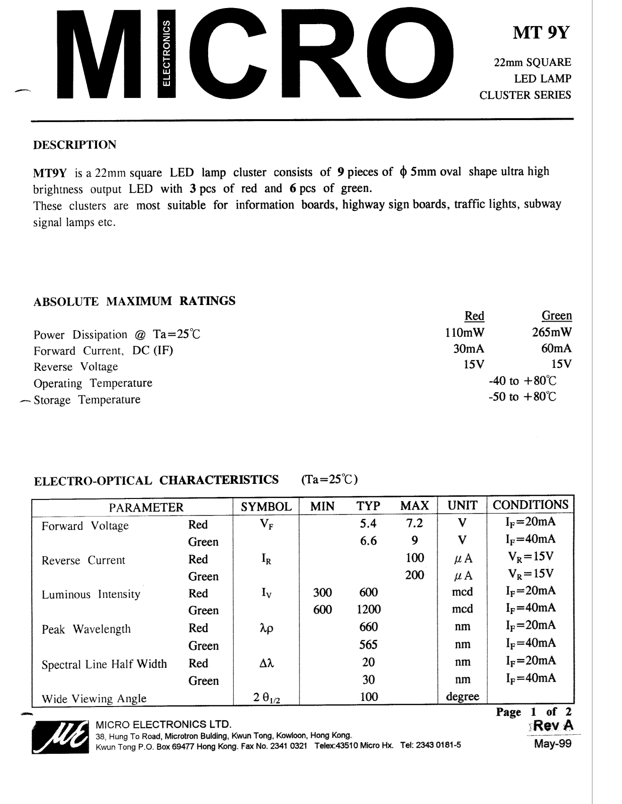 MICRO MT9Y Datasheet