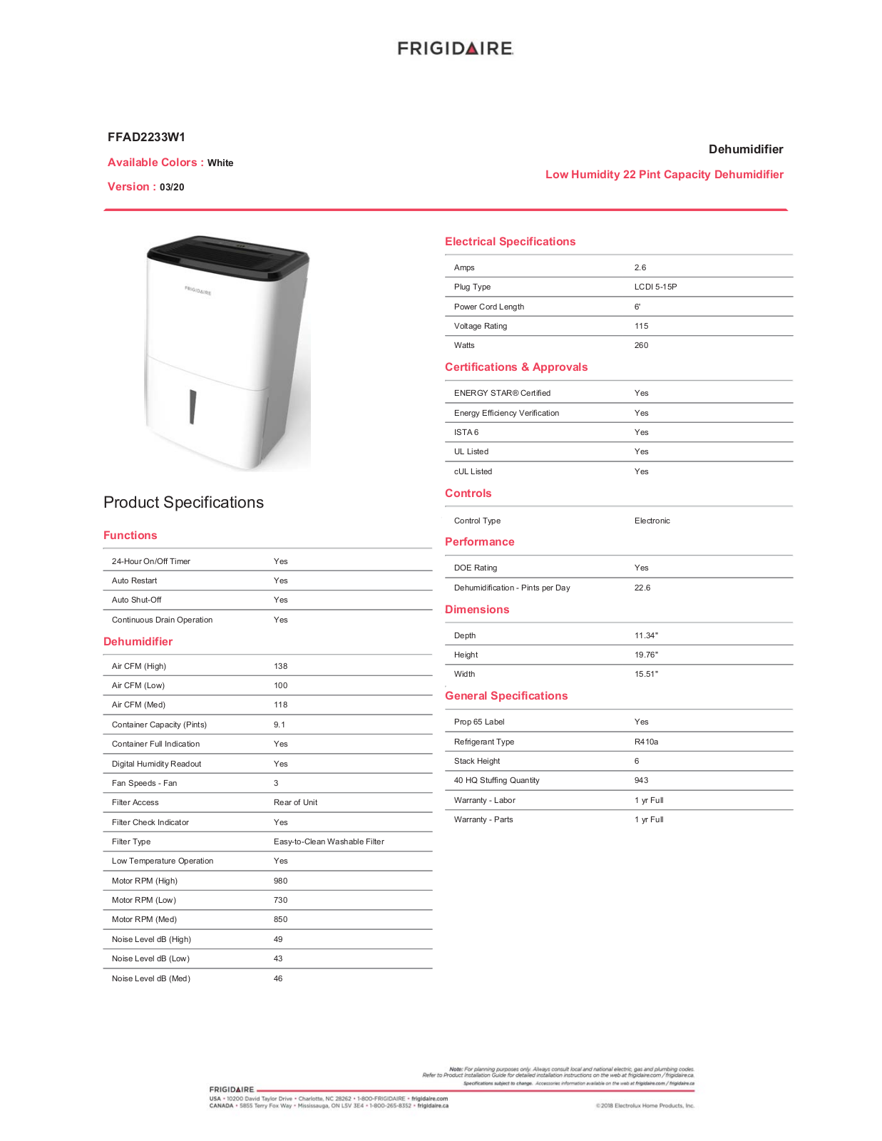 Frigidaire FFAD2233W1 Specifications