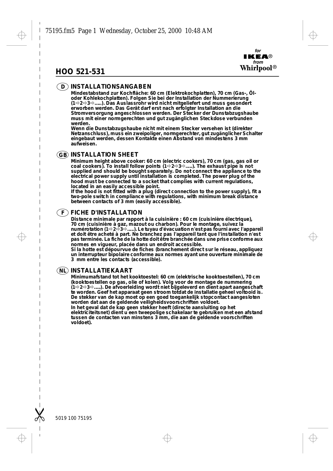 Whirlpool HOO 521, HOO531 Installation sheet