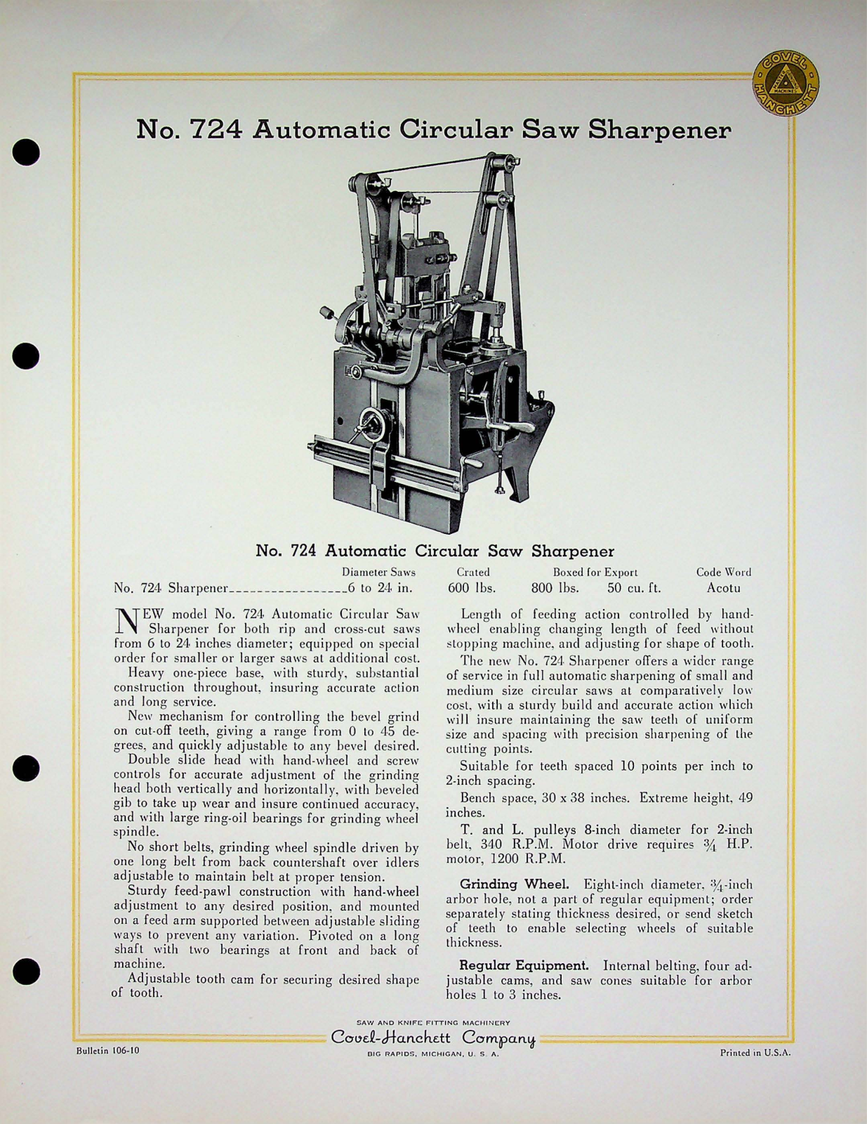 Covel Manufacturing No. 724 Automatic Circular Saw Sharpener Other - ManualMachine.com