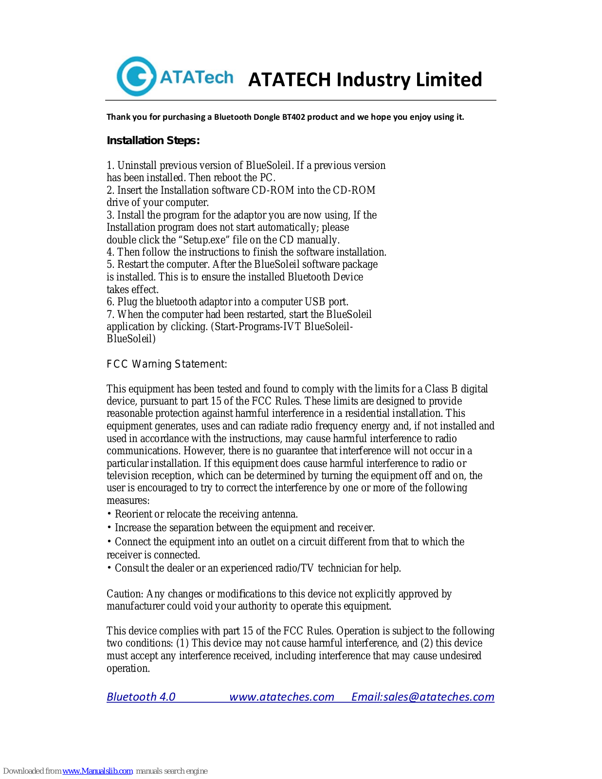 Atatech BT402 Installation Manual - ManualMachine.com