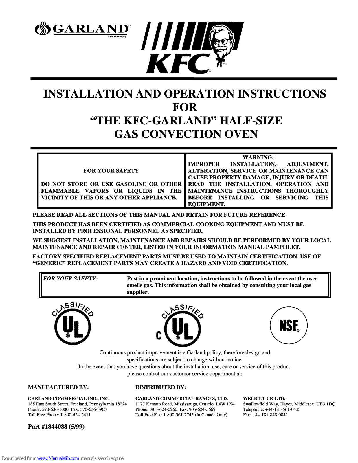 Garland 1844088, MCO-G-5RK, MCO-G-25RK Installation And Operation Instructions Manual