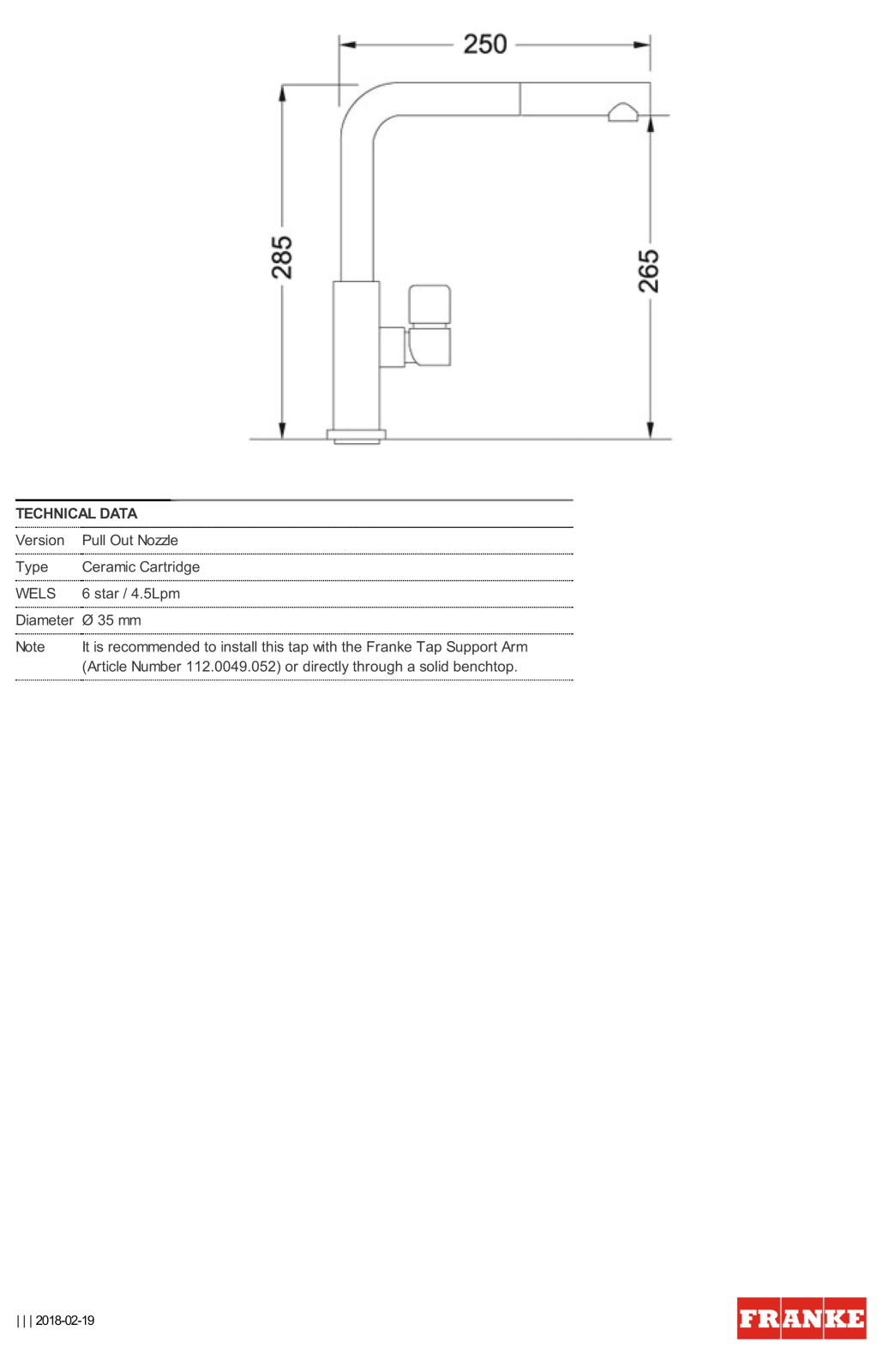 Franke TA621B Specifications Sheet