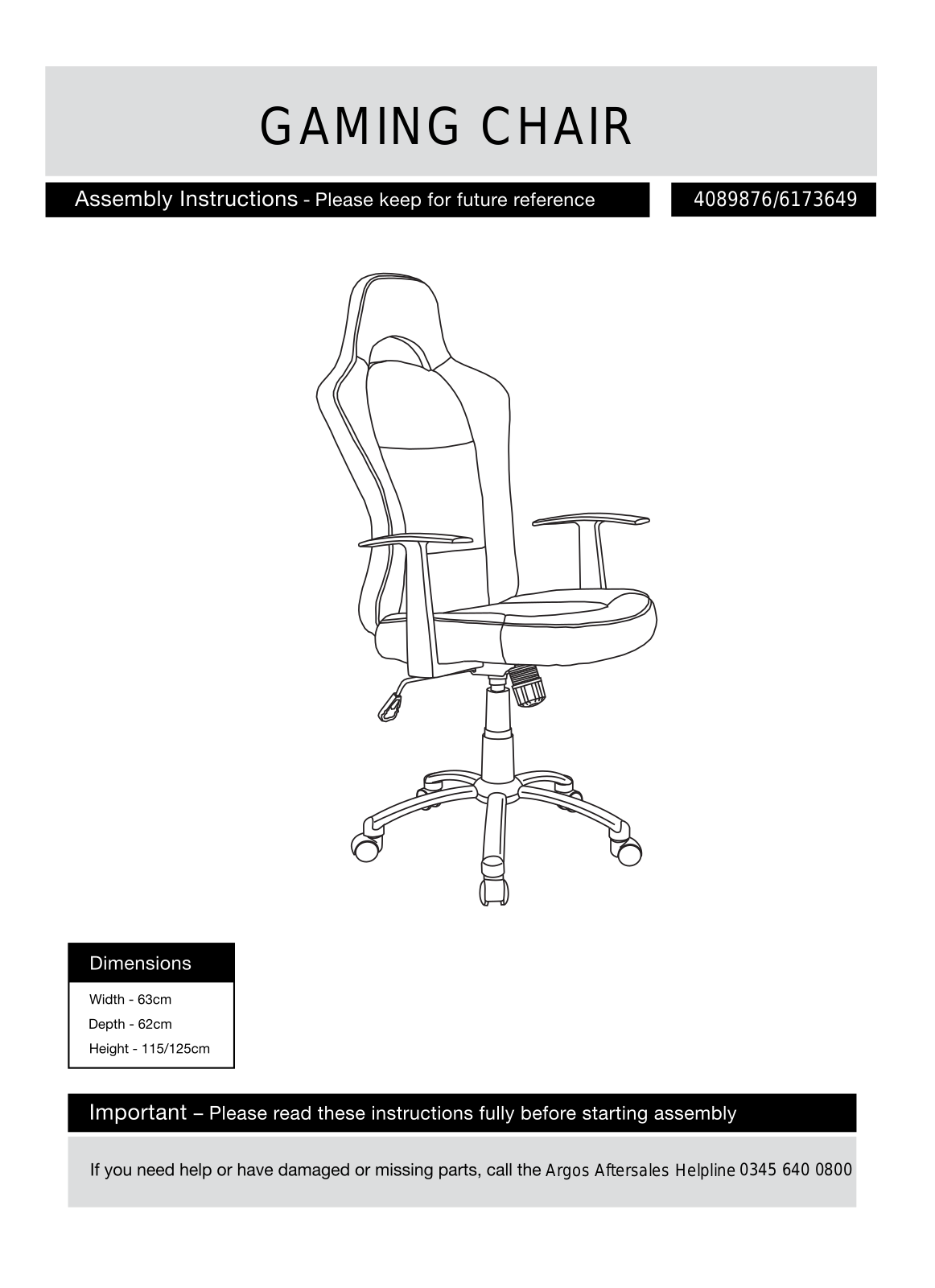 Argos GAMING CHAIR ASSEMBLY INSTRUCTIONS