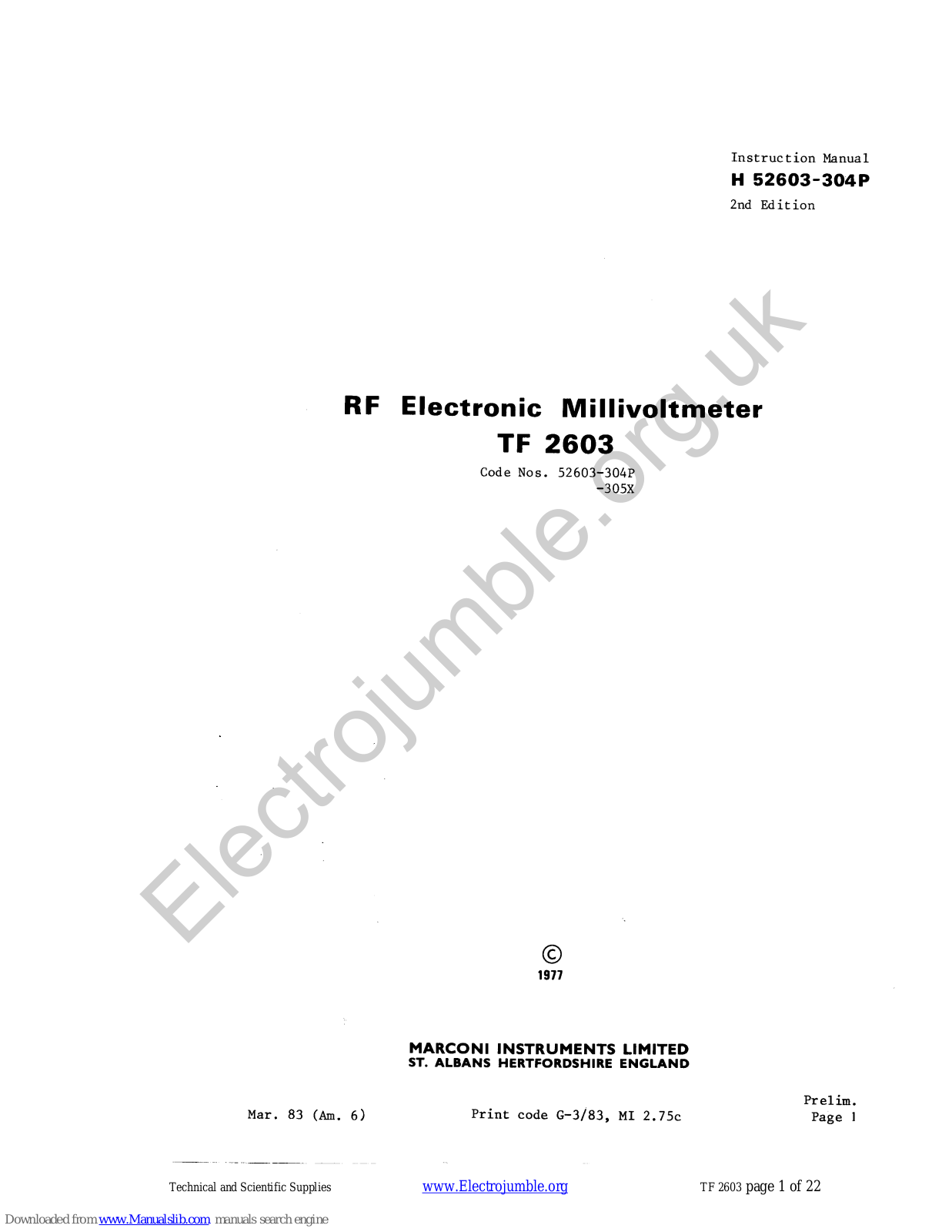 Marconi Instruments tf2603 Instruction Manual