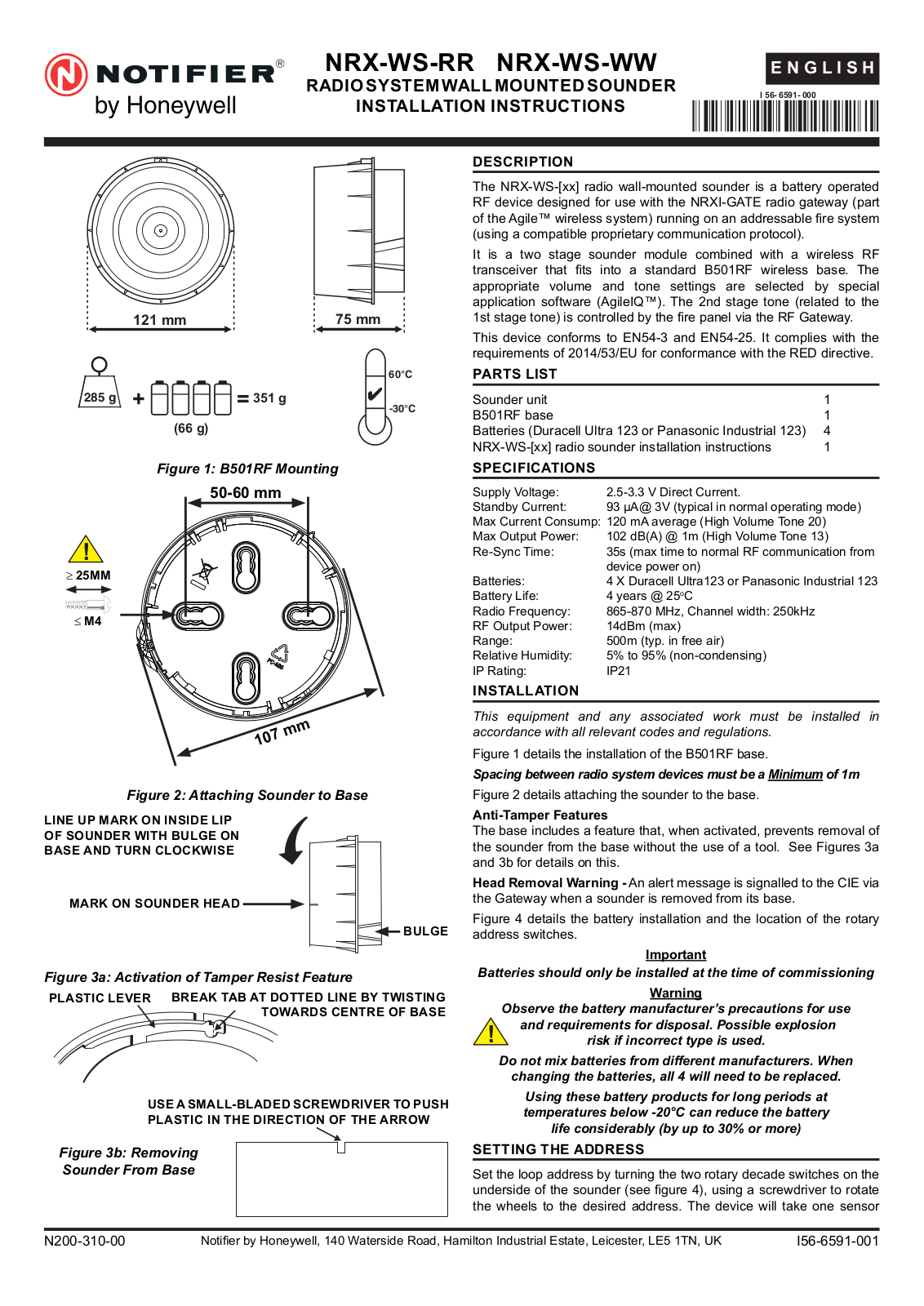 Honeywell NRX-WS-RR, NRX-WS-WW Installation Instructions Manual