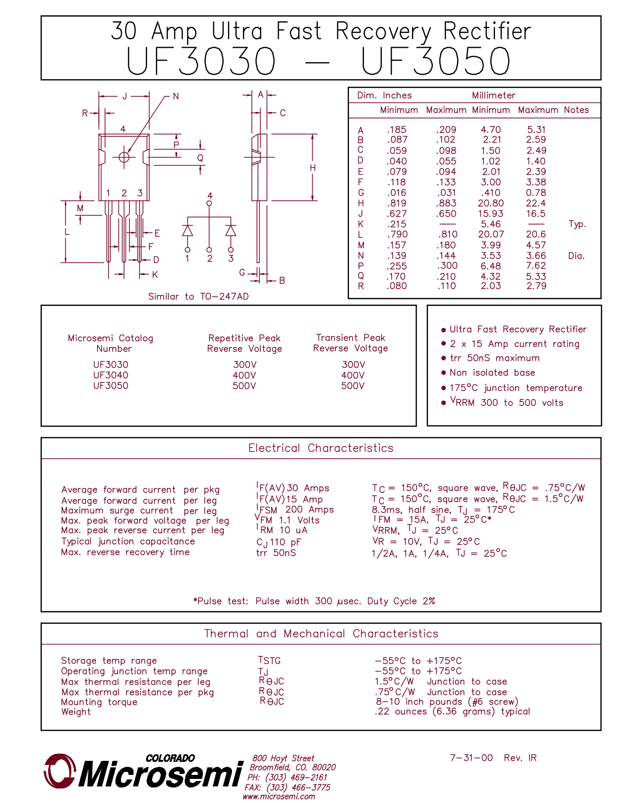 Microsemi UF3050, UF3040, UF3030 Datasheet