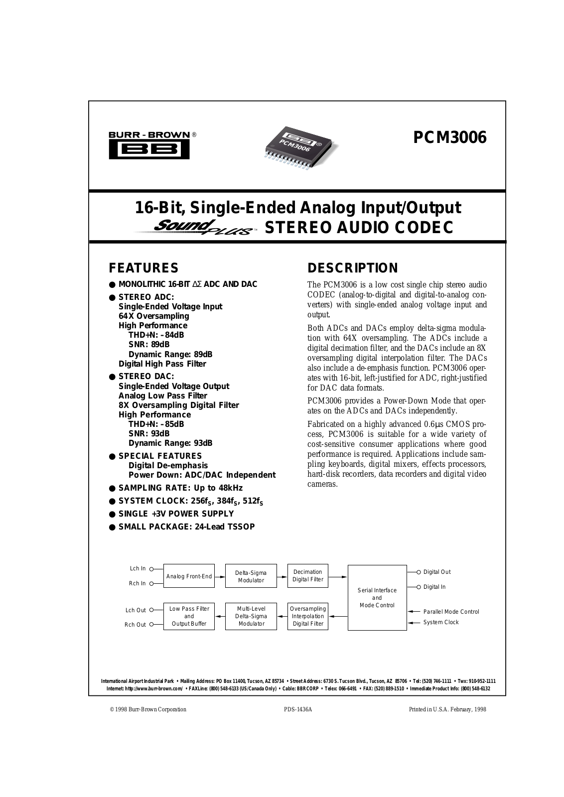 Burr Brown PCM3006T, PCM3006T-2K Datasheet