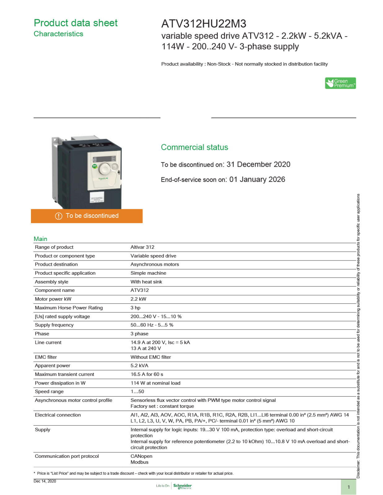 Square D ATV312HU22M3 Data Sheet