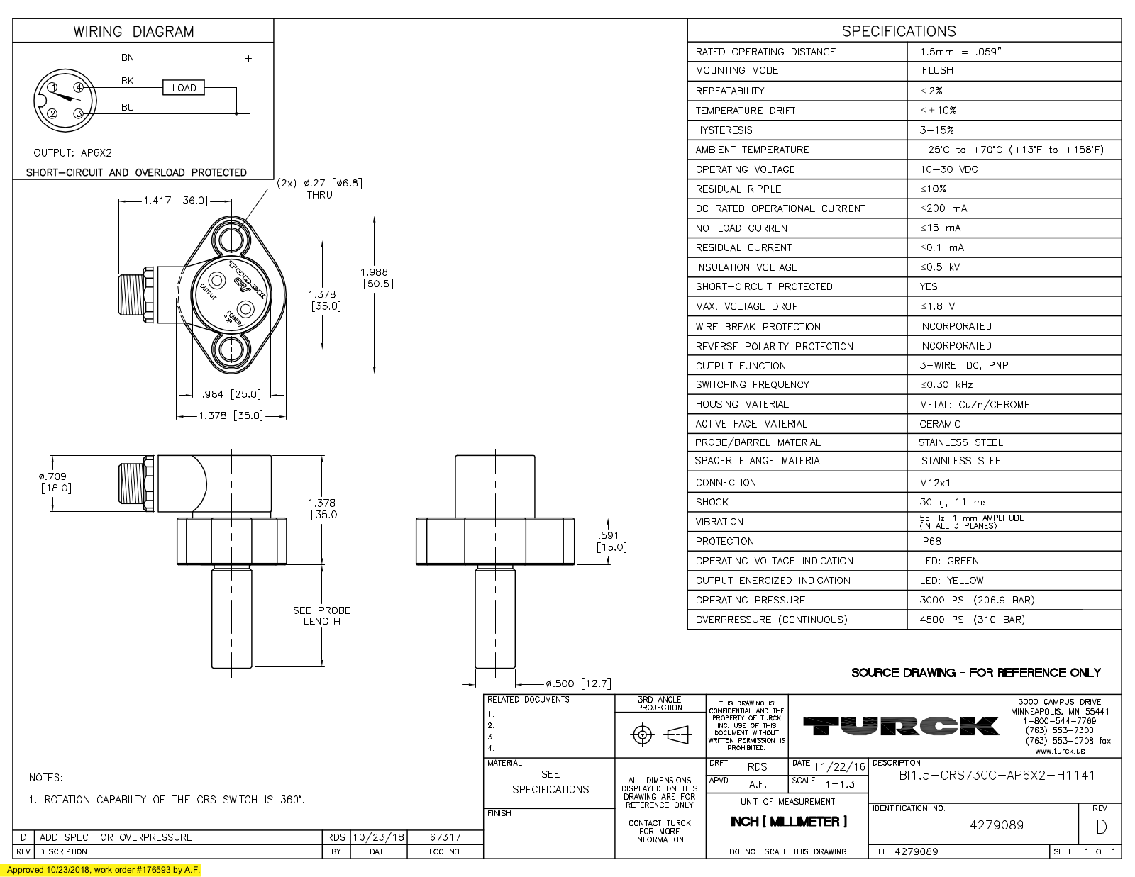 Turck BI1.5-CRS730C-AP6X2-H1141 Data Sheet