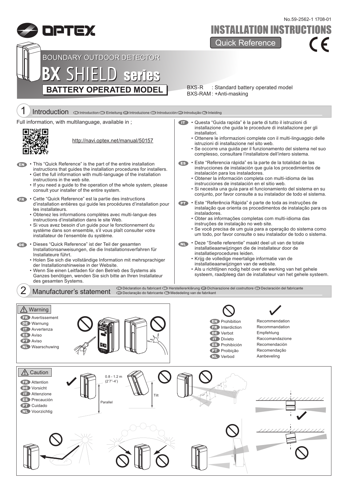 Optex BXS-R, BXS-R-W, BXS-RAM, BXS-RAM-W Installation Instructions