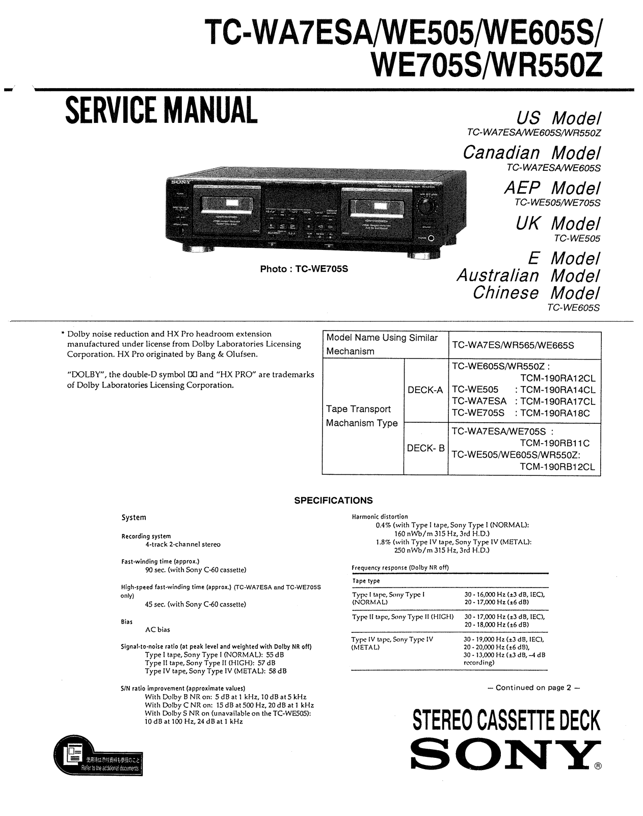 Sony TCWA-7-ESA, TCWE-505, TCWE-605-S, TCWE-705-5, TCWR-550-z Service manual