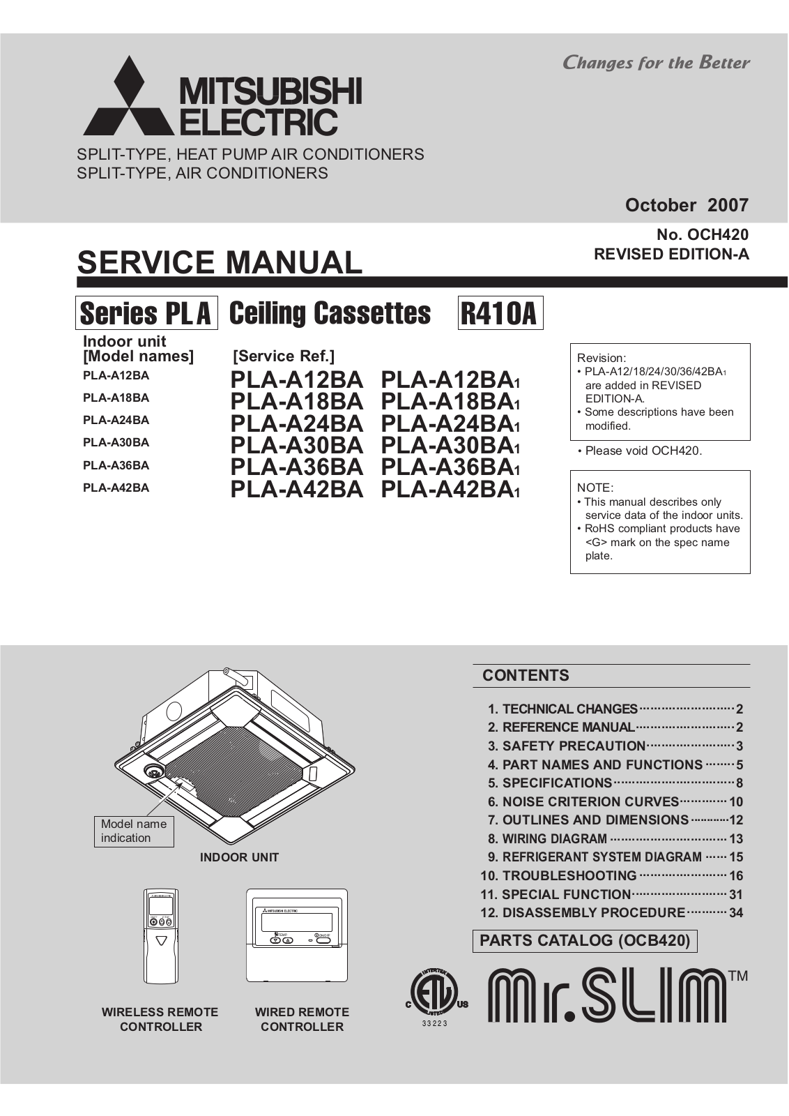 Mitsubishi Electronics PLA-A36BA, PLA-A36BA1, PLA-A12BA, PLA-A42BA, PLA-A42BA1 User Manual