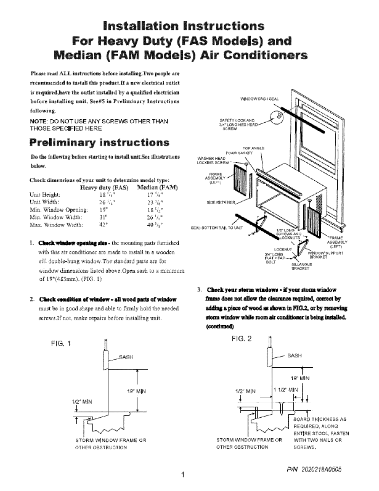 Frigidaire FAM157S1AA, FAM157S1AB, FAM187S2AA, FAM187S2AB, FAM18HS2AA Installation Guide