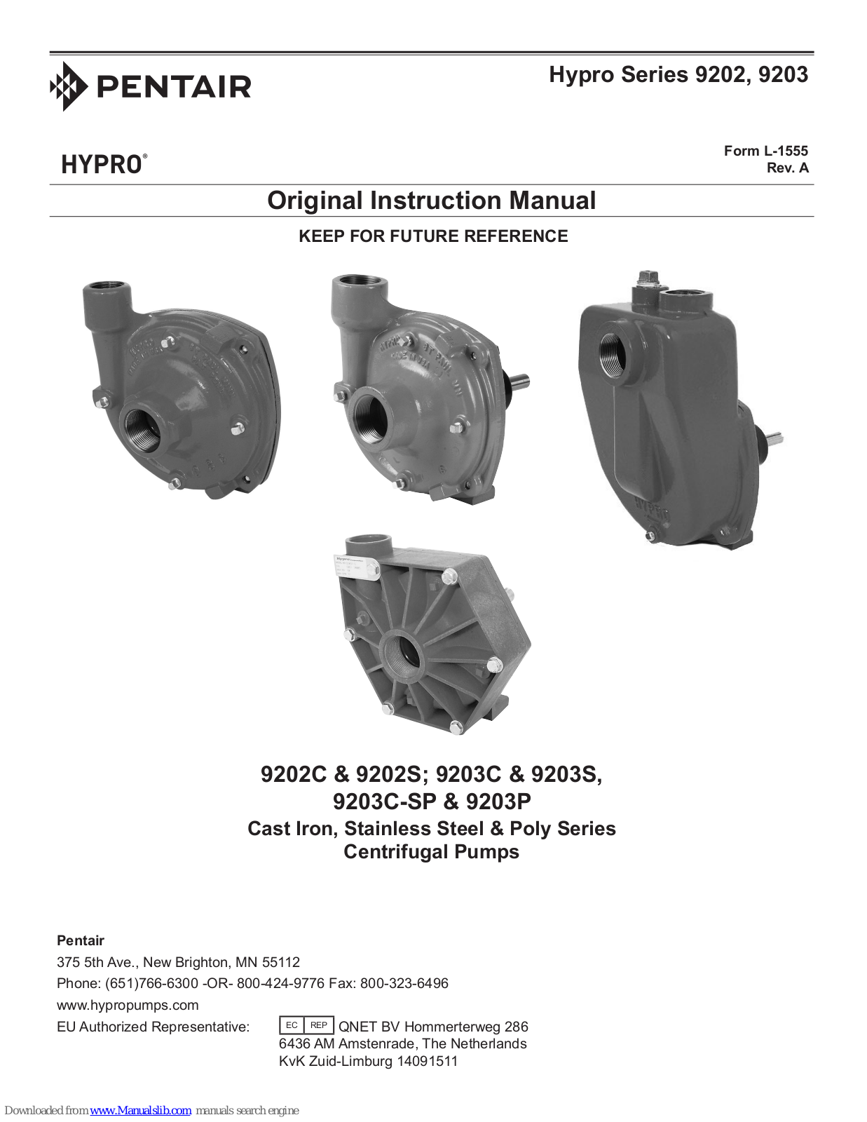 Pentair Hypro 9203 Series, Hypro 9202 Series, Hypro 9202C, Hypro 9203S, Hypro 9203C-SP Original Instruction Manual