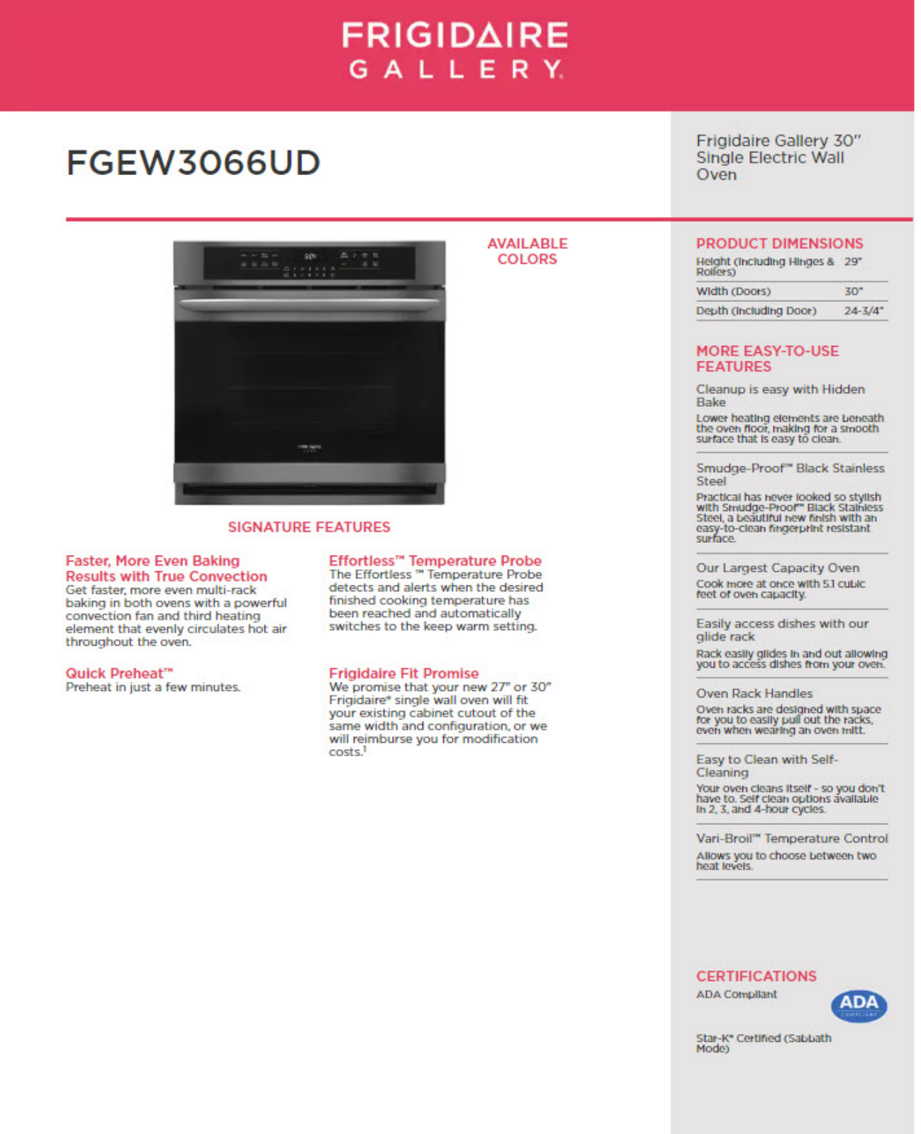 Frigidaire FGEW3066UD, FGEW3066UF PRODUCT SPECIFICATIONS