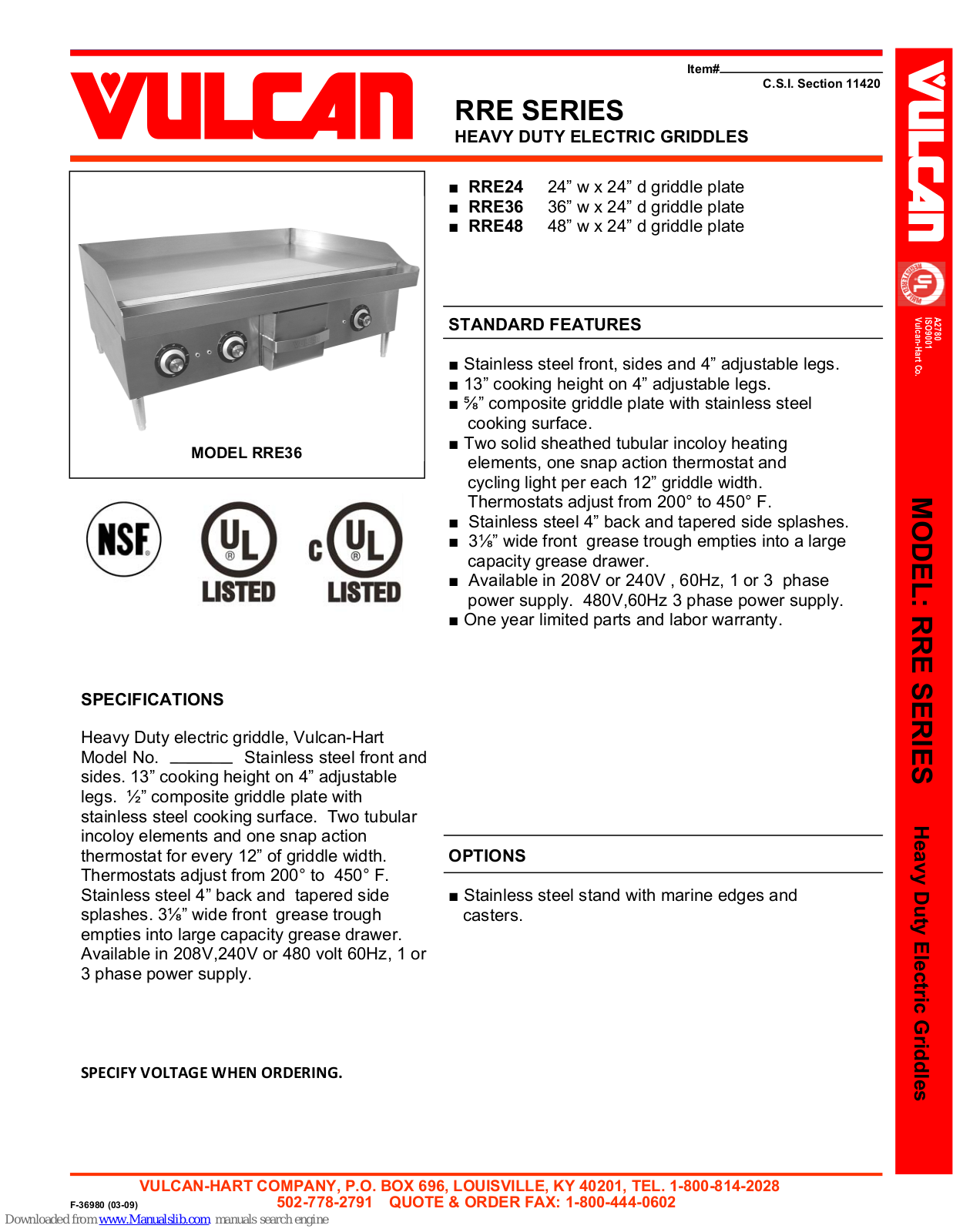 Vulcan-Hart RRE36 36, RRE48 48, RRE24, RRE36, RRE48 Specifications