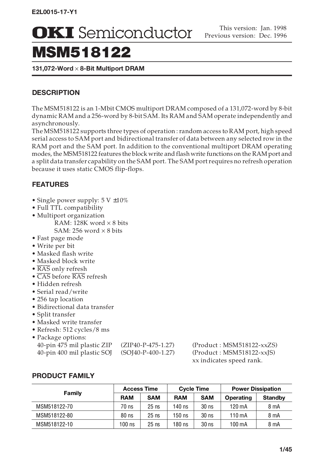 OKI MSM518122-80JS, MSM518122-70JS, MSM518122-80ZS, MSM518122-70ZS, MSM518122-10JS Datasheet