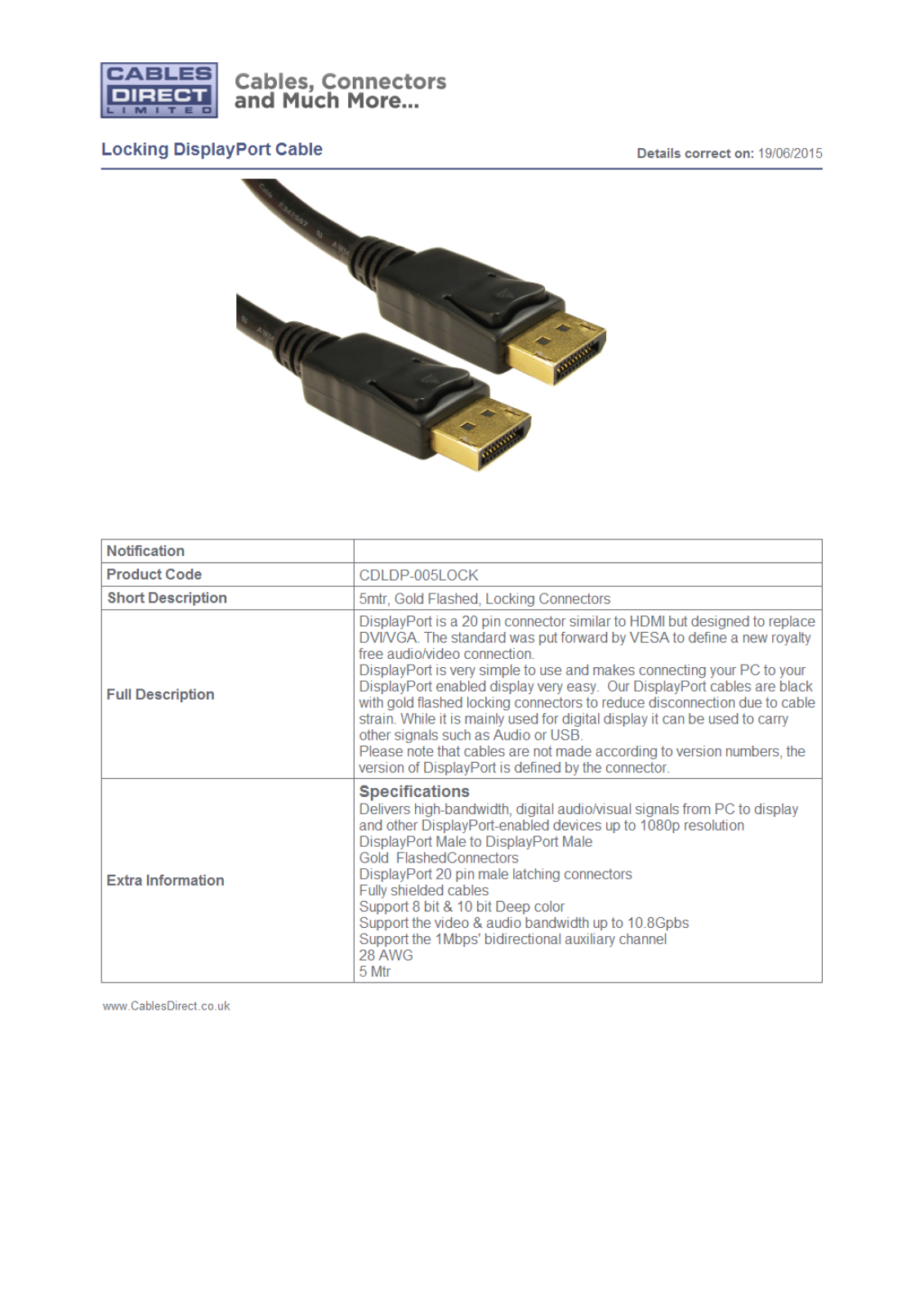 Cables Direct CDLDP-005LOCK Datasheet