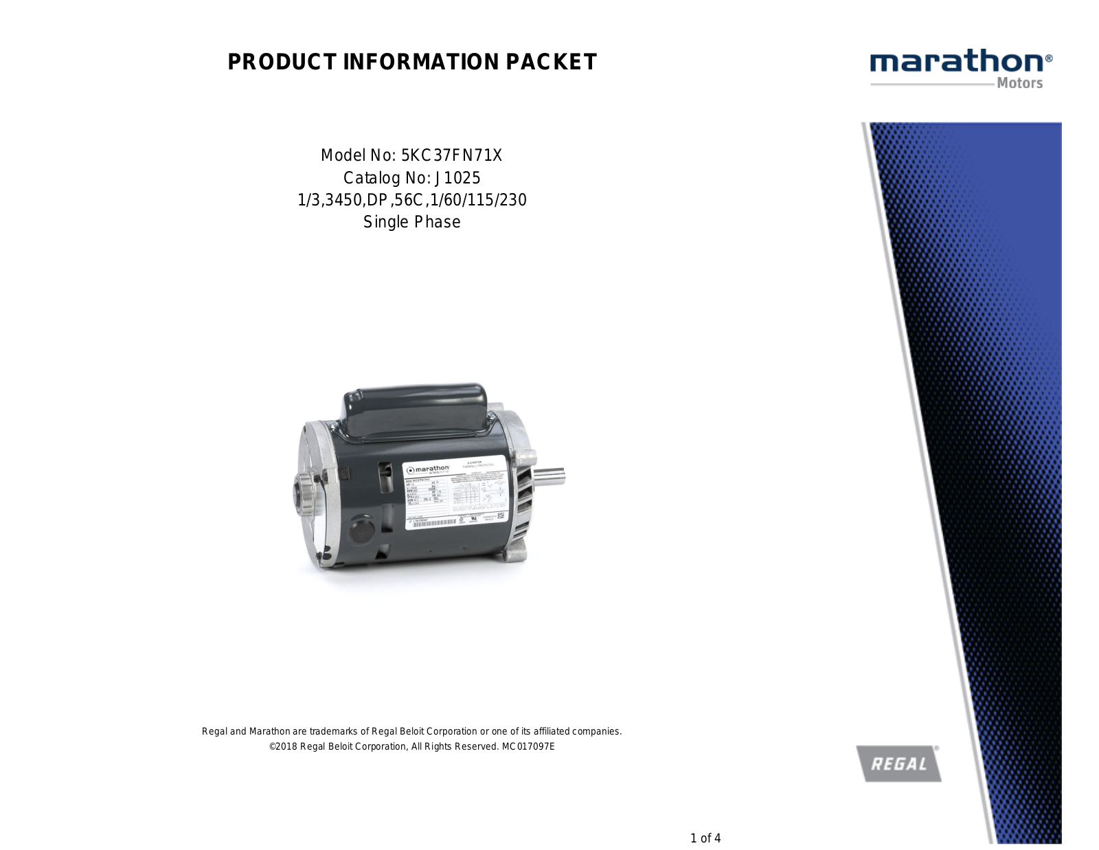 Marathon Electric 5KC37FN71X Product Information Packet