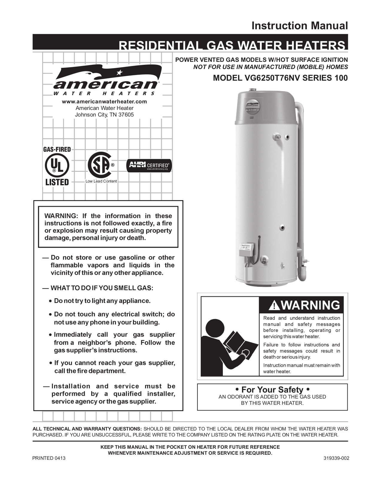 American Water Heater VG6250T76NV   100 User Manual 2