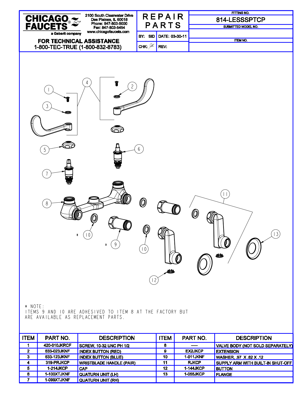 Chicago Faucet 814-LESSSPTCP Parts List