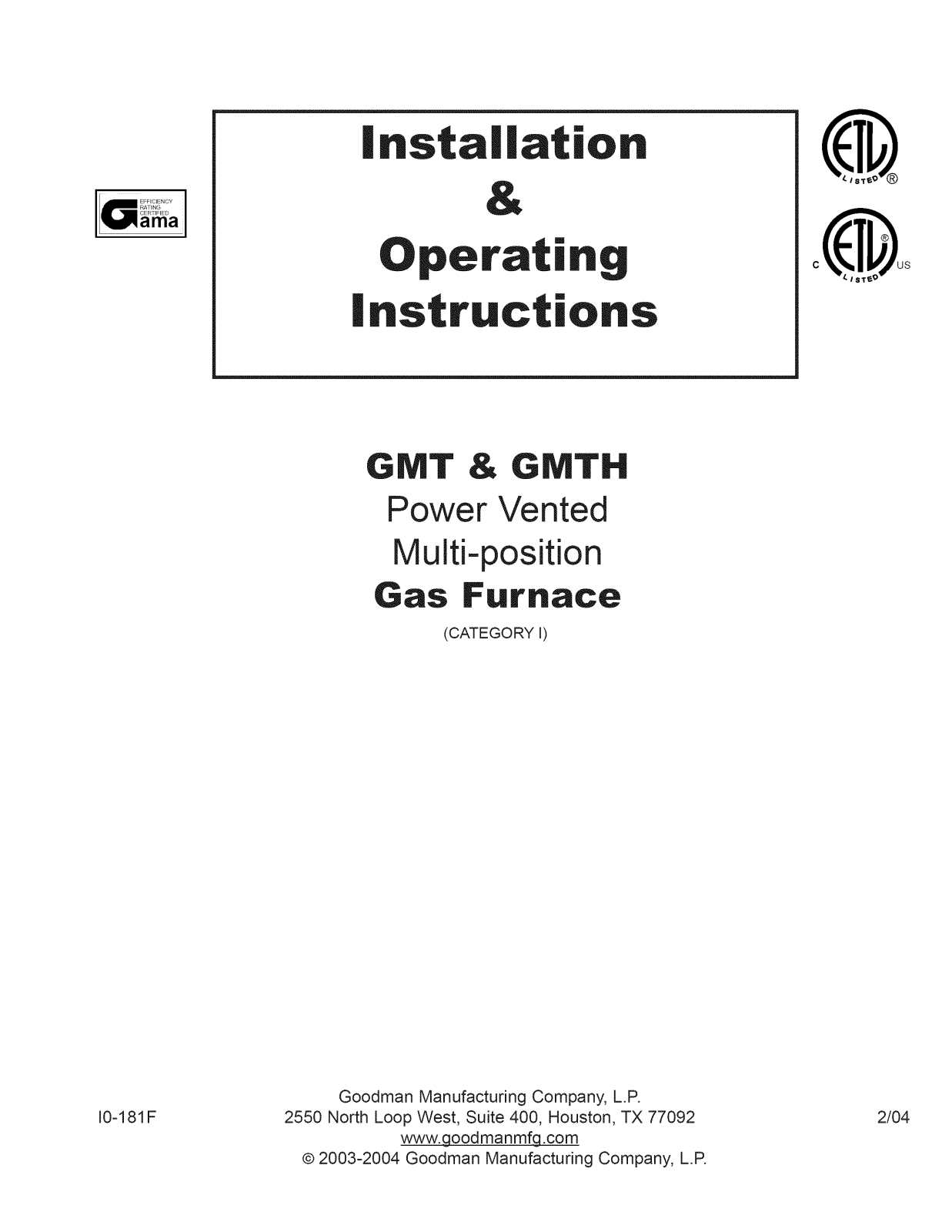 Goodman GMT045-3B, GMT070-3B, GMT070-4B, GMT090-3B, GMT090-4B Installation Guide